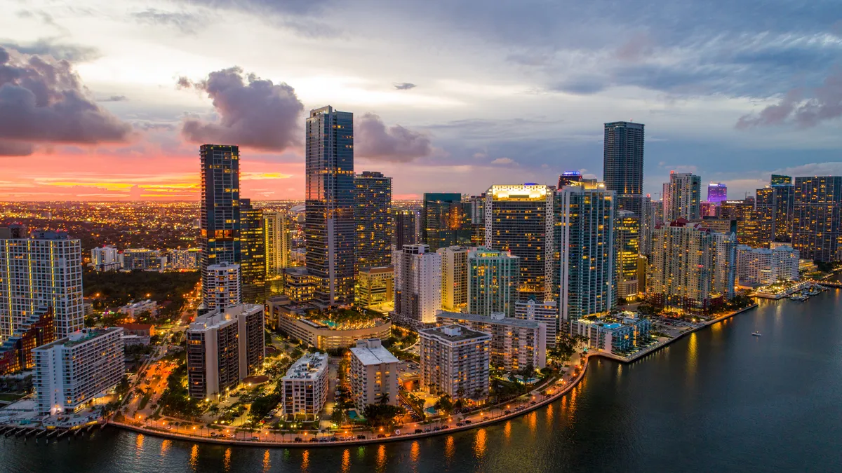 Miami skyline illuminated at sunset
